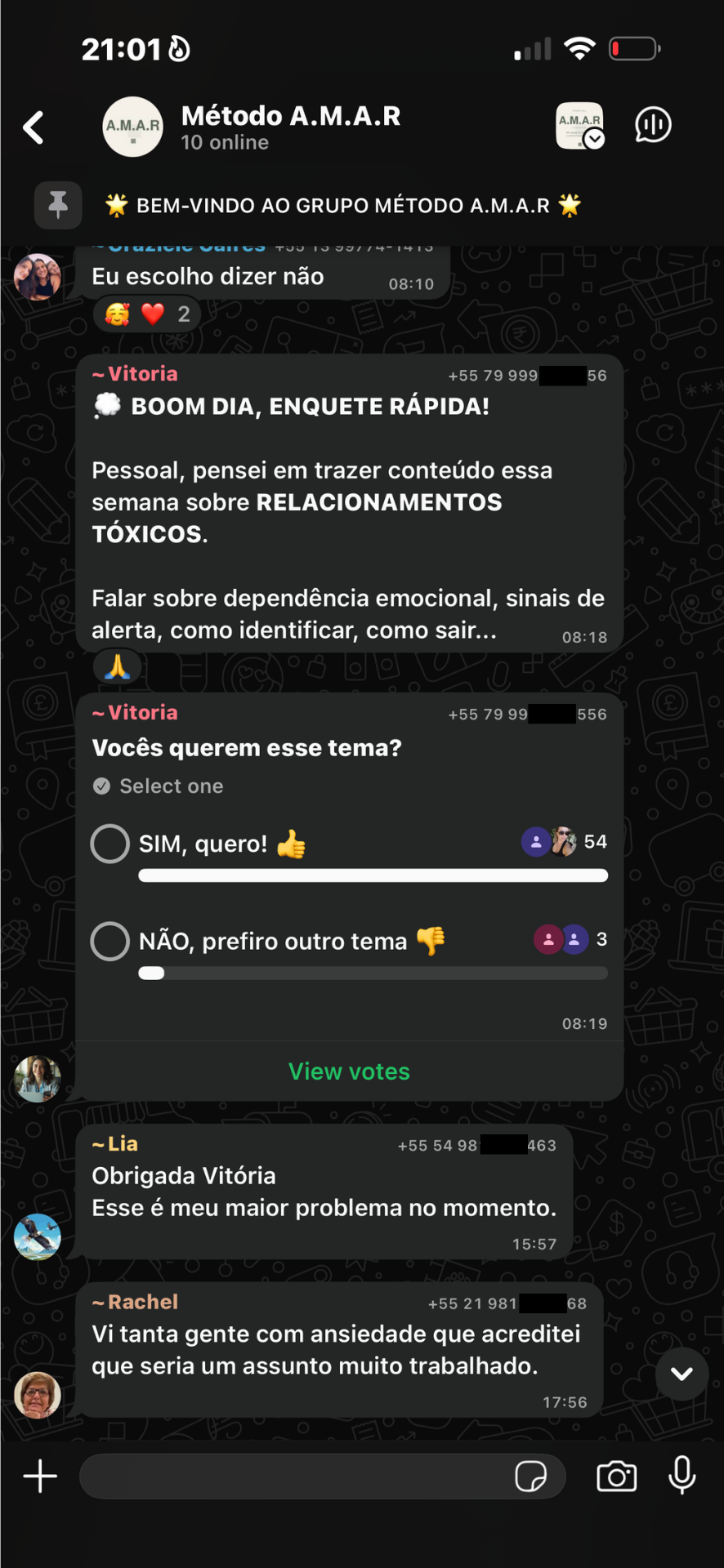 Enquete sobre relacionamentos tóxicos na Comunidade A.M.A.R.