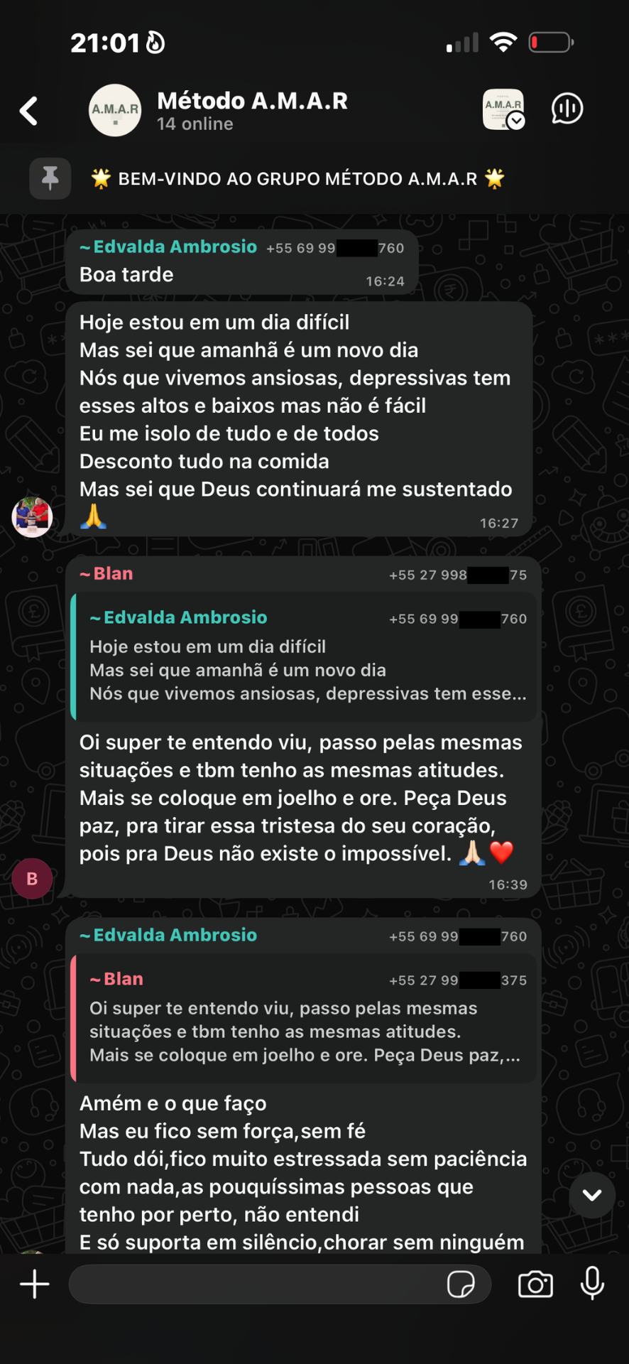 Compartilhamento de dias difíceis e apoio mútuo na Comunidade A.M.A.R.